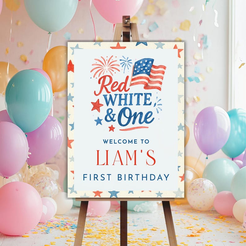 Puede incluir: Un letrero de bienvenida para una fiesta de primer cumplea&ntilde;os, con el texto "Red, White & One" y una ilustraci&oacute;n de la bandera estadounidense. El letrero est&aacute; sobre un caballete, rodeado de globos y confeti.