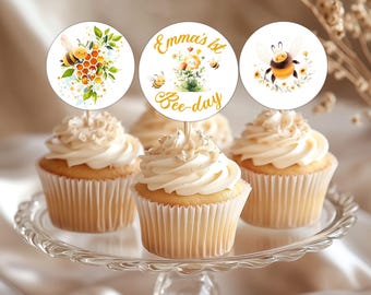 First Bee Day Cupcake Toppers, First Bee-Day Bundle, Editable 1st Birthday Party Invite, Cute Bumble Bee Theme, Sweet As Can Bee Birthday