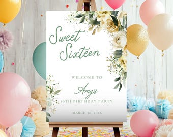 16th Birthday Invitation For Girl Sage Green Welcome Sign, Quinceanera 15th Birthday Sage Green Invitation, Sweet 16 Welcome Sign Template
