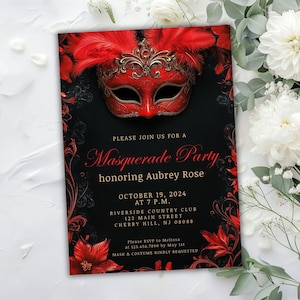 Red and Black Masquerade Invitations, Masquerade Ball Invitation, Halloween Party Gothic Masquerade Invite, Masquerade Ball Invitation