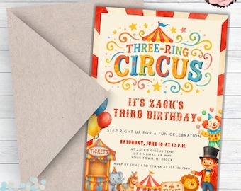 Three Ring Circus Birthday Party Invitation, Circus Tent Invitation, Three Ring Circus Invitation, Circus Birthday Invitation Watercolor