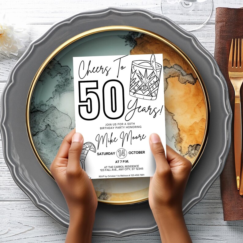 May include: Black and white birthday party invitation with a cocktail glass graphic and the text "Cheers To 50 Years!"  Join us for a 50th birthday party honoring Mike Moore. Saturday, October 14th at 7 p.m. at the Carroll Residence, 123 Fall Ave, Any City, ST 12345. RSVP by October 15th to Melissa at 123-456-7891.
