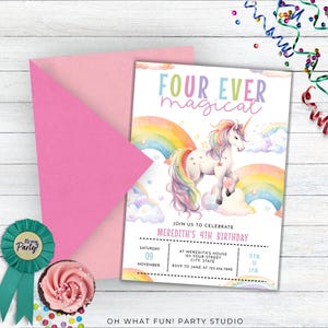 Four Ever Magical Birthday Invitation, Pastel Color Princess Invitation, Four Birthday Invitation Horse, Unicorn 4th Birthday Invitation
