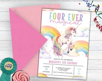May include: A party invitation with a unicorn theme. The invitation features a unicorn, rainbows, and the text "FOUR EVER magical." A pink envelope, a teal party ribbon, and a cupcake are also visible. The invitation is for Meredith's 4th birthday.