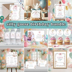 One Silly Goose First Birthday Bundle, One Silly Goose Birthday Invitation, 1st Birthday Invite, Boho Floral Girls First Birthday Bundle