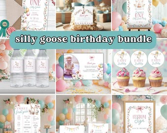 One Silly Goose First Birthday Bundle, One Silly Goose Birthday Invitation, 1st Birthday Invite, Boho Floral Girls First Birthday Bundle