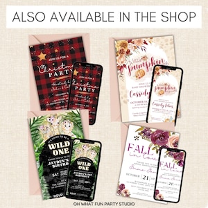 May include: A collection of printable party invitations featuring various themes, including a Christmas party, a baby shower, a first birthday party, and a bridal shower. The invitations are designed with festive colors and graphics.