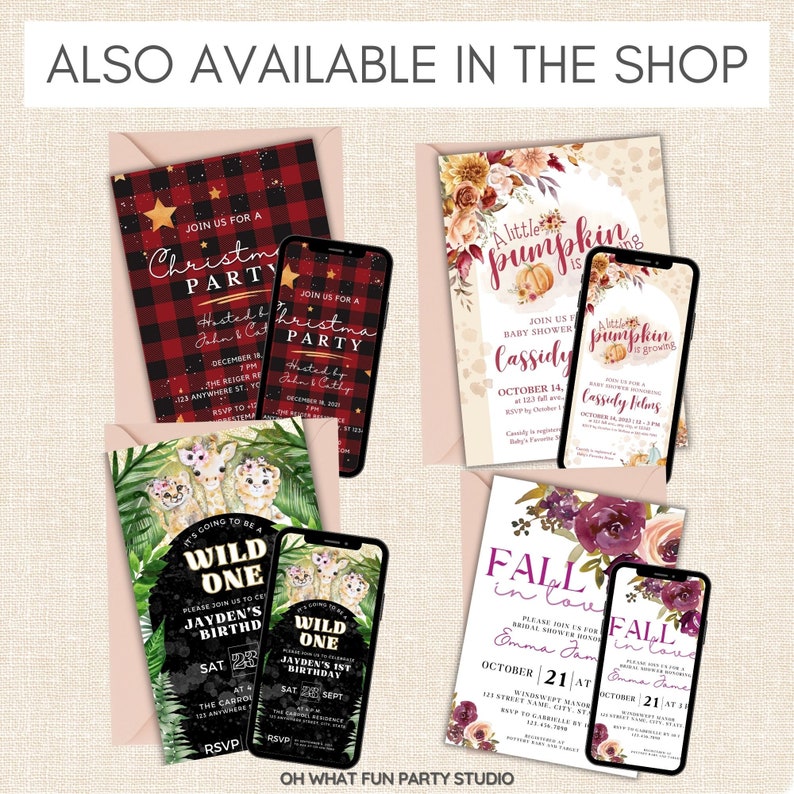 May include: A collection of printable party invitations featuring various themes, including a Christmas party, a baby shower, a first birthday party, and a bridal shower. The invitations are designed with festive colors and graphics.