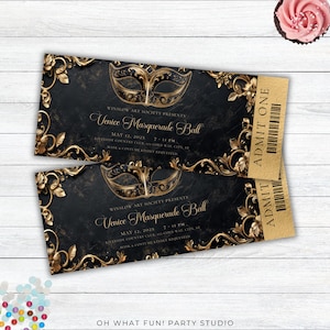 Maskerade Ticket Vorlage, Schwarz Gold Maskerade Einladung, Maskenball Einladung, Maskerade Abschlussball Einladung