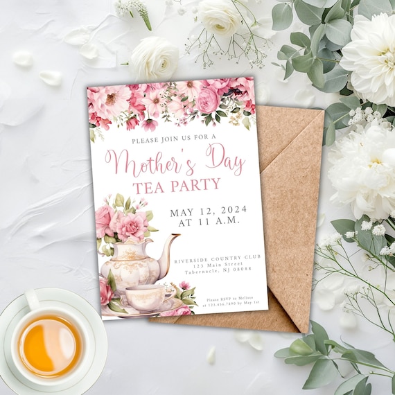 Mother's Day Tea Printable Invitations, Mothers Day Lunch Invitation Template, floral mothers day brunch invitation, Tea Party Invitations