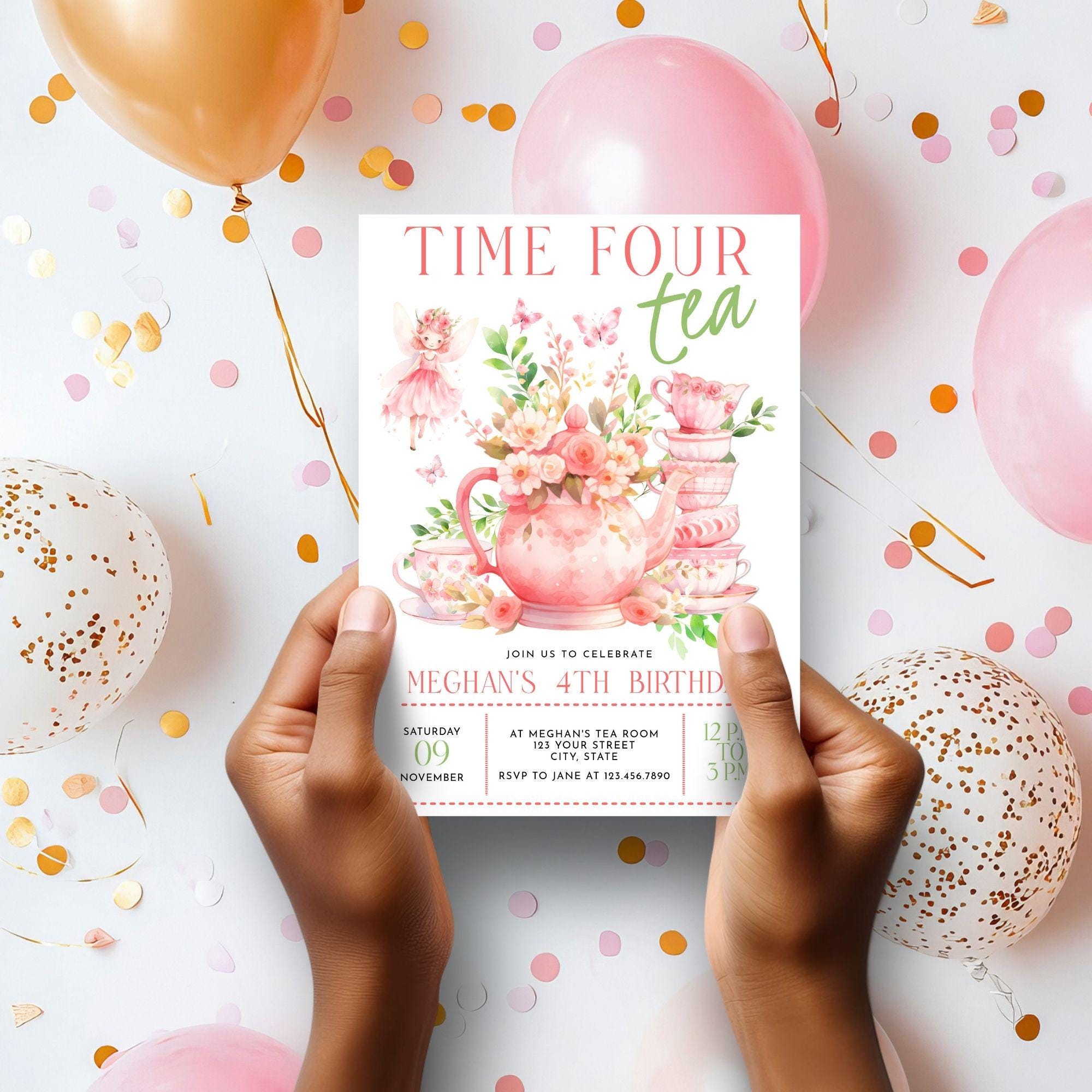 Time Four Tea Invitation Time Four Tea Party Invitation 4th Birthday, Fairy Birthday Invitation ...