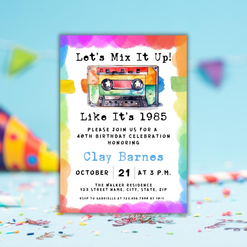 80s Theme 40th Birthday Invitation, Mixtape 40th birthday invitation, 80s Party Invitation Canva, Retro Party Flyer image 6