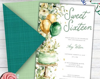 16th Birthday Invitation For Girl Sage Green, Quinceanera 15th Birthday Sage Green Invitation, Sweet 16 Sage Green and Gold Birthday Invite