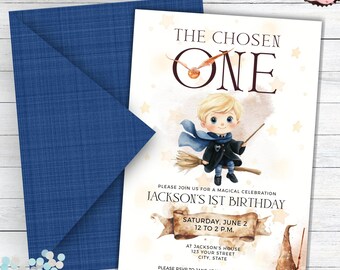 Chosen One First Birthday Invitation, Wizard Birthday Party Invitation Editable Template, One Magical Year Birthday Invitation