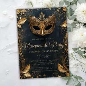 Black and Gold Masquerade Invitation, , Masquerade Ball Invitation, Halloween Party Gothic Masquerade Invite, Masquerade Prom Invitation