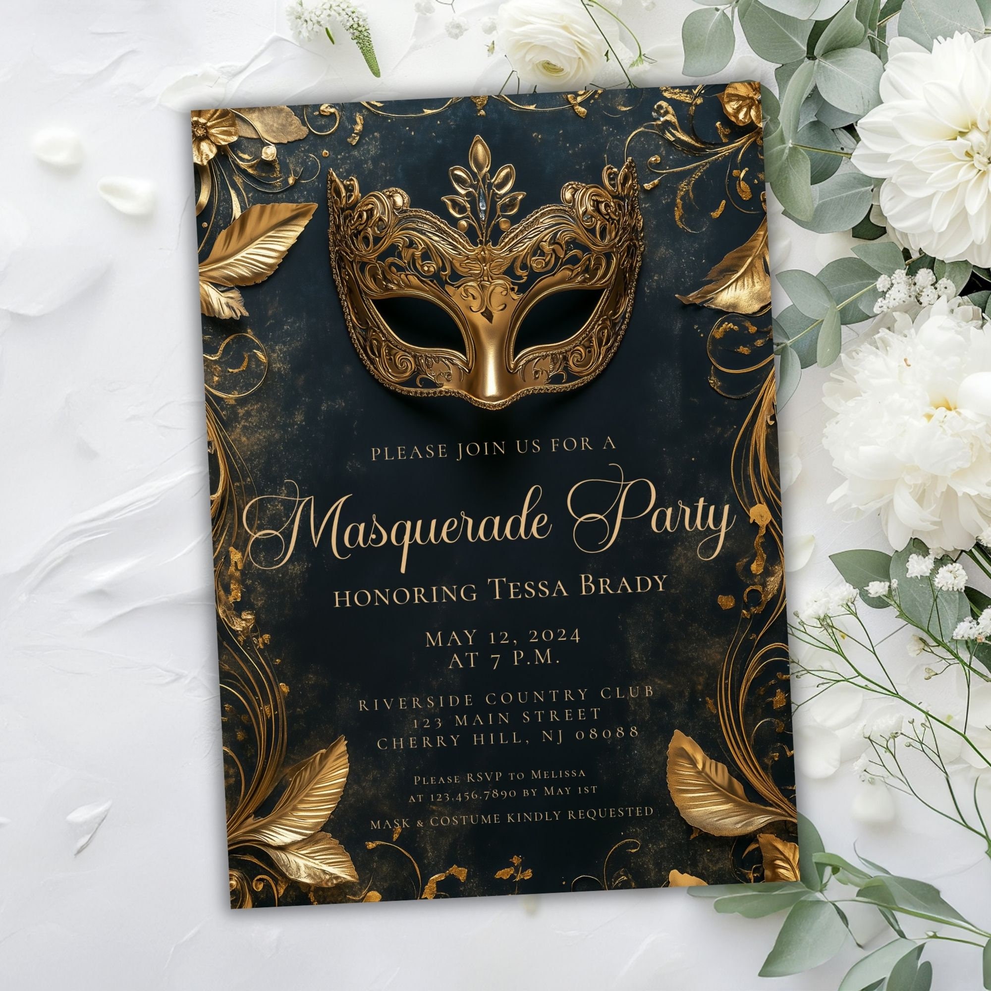 Black and Gold Masquerade Invitation, , Masquerade Ball Invitation, Halloween Party Gothic Masquerade Invite, Masquerade Prom Invitation