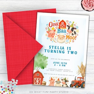 Invitation Oink Baa Moo, j&#39;ai deux ans, 2e anniversaire à thème tracteur, Oink petit gloussement Baa Moo, 2e anniversaire garçon Oink Baa Moo Im deux