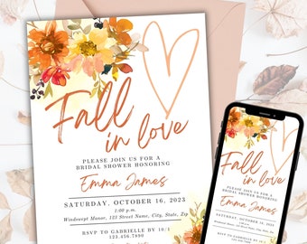 Fall in Love Bridal Shower Invitation, Boho Fall Bridal Shower Bundle, Fall Bridal Shower, bridal shower invitations template fall colors