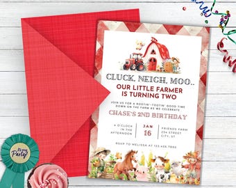Farm Theme 2nd Birthday Invitation, Calling All Party Animals Birthday Farm Invite, Barnyard Birthday Invitation, Farm 2nd Birthday Bundle