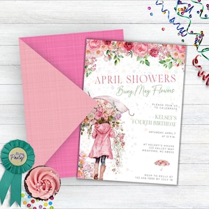 April Showers Bring May Flowers Invite, 4th Birthday April Showers Invitation, First Birthday Theme Girl Spring, Pink Birthday Invitation