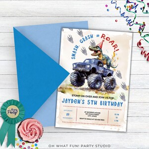 Dinosaur Monster Truck Birthday Party Invitation, Dinosaur With Party Hat Invitation, Dino Monster Truck Invite,