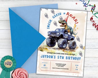 Dinosaur Monster Truck Birthday Party Invitation, Dinosaur With Party Hat Invitation, Dino Monster Truck Invite,