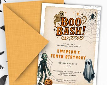 Invitación para fiesta de Halloween "Boo Bash", invitación para el décimo cumpleaños de "Boo Bash", invitación imprimible para fiesta de disfraces infantiles, invitación retro para fiesta de Halloween