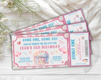 Invitación de carnaval en colores pastel, invitación con boleto de carnaval en colores pastel, increíble invitación de cumpleaños de circo digital, invitación de circo en colores pastel
