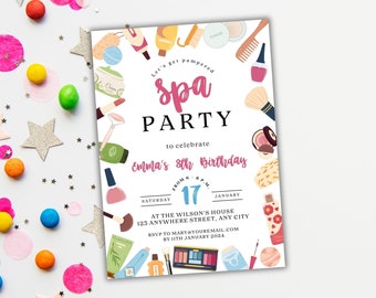 May include: A white invitation with a pink and white spa party theme. The invitation features a variety of spa-themed illustrations, including makeup brushes, nail polish, and bath bombs. The text on the invitation reads "Let's get pampered spa party to celebrate Emma's 8th birthday. Saturday, January 17 from 6-8 p.m. at the Wilson's house, 123 Anywhere Street, Any City. RSVP to mary@youremail.com by 17th January 2024."