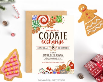 Könnte beinhalten: Eine Einladung zu einem Weihnachts-Keksaustausch mit einem festlichen Lebkuchen-Keks-Design. Die Einladung ist für Samstag, den 18. Dezember um 15:00 Uhr und wird von den Wilsons ausgerichtet. Der Text auf der Einladung lautet "Nehmen Sie an unserem Keksaustausch teil".