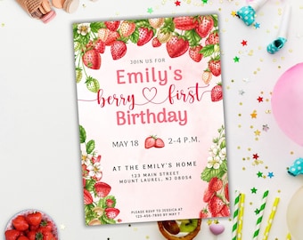 Berry First Birthday Invitation Template, My Berry First Birthday, Cute Strawberry Birthday Invitations, Strawberry First Birthday Invite