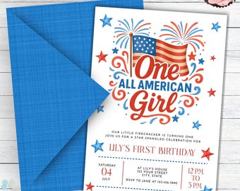May include: A patriotic invitation with a blue envelope, featuring the text "One All American Girl" and an American flag design. The invitation includes details for a first birthday celebration, with red and blue star accents.