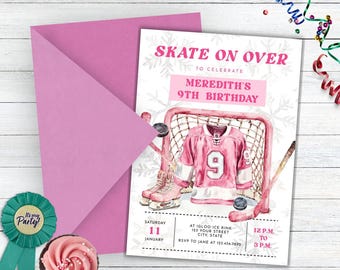 Girl Hockey Birthday Invitation, Editable Digital Hockey Birthday Invitation, Hockey Ticket, 9 Year Old Girl Birthday Invitation Templates