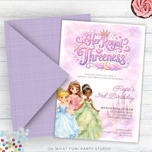 May include: A lilac envelope and invitation card set for a princess-themed birthday party. The invitation features three cartoon princesses and the text "Her Royal Threeness." The invitation includes party details and RSVP information.
