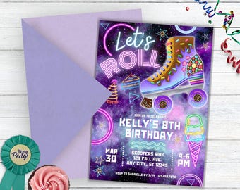 Editable Birthday Skate Party Invitation,Neon Roller Skate Birthday Invitation,Roller Skating Birthday Invitation Boy, Glow in Dark Invite