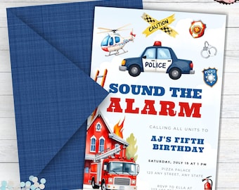 Firefighter And Police Birthday Invitation, Sound The Alarm 1st Birthday, First Responders Party, Police Officer, Firefighter Boy Invite
