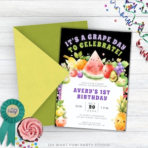 Dancing Fruit Birthday Invitation, Dancing Fruit First Birthday Invitation, Fruit Theme Birthday Invitation, Sweet One Birthday Invitation