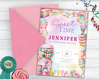 May include: A colorful invitation for a sweet birthday party. The invitation features a gumball machine, candy, and other sweets. The text on the invitation reads "Join us for a Sweet Time, Jennifer is turning seven, Sat. Aug. 26, 2024, 1 p.m., Wilson's Candy Shop, 12 Pinot Way, Moorestown, NJ 08057, RSVP to Ella at 123-456-7890".