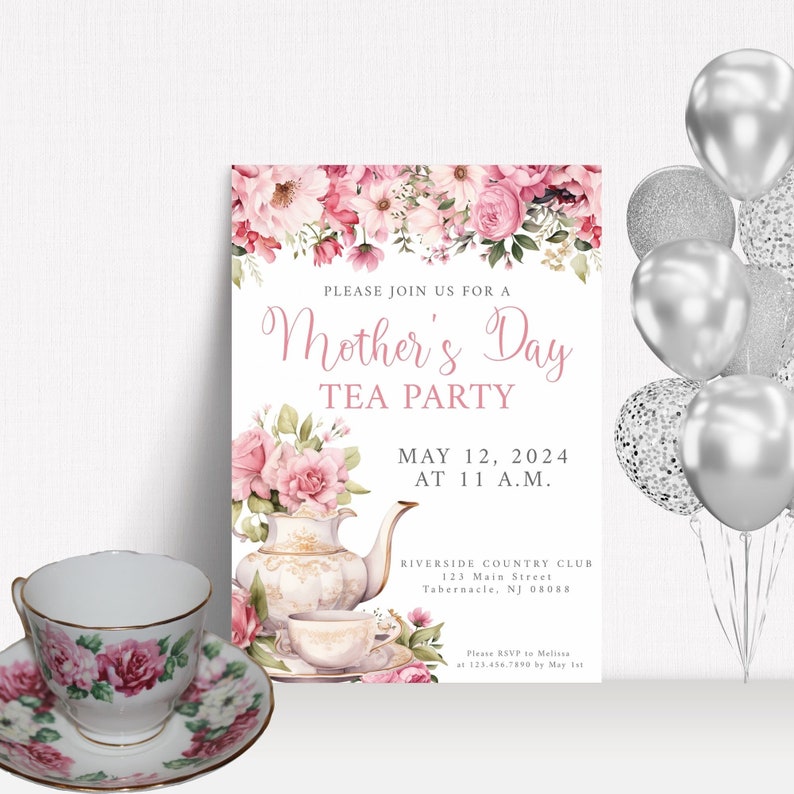 May include: A white invitation with pink floral designs and text that reads "Please join us for a Mother's Day Tea Party, May 12, 2024 at 11 A.M., Riverside Country Club, 123 Main Street, Tabernacle, NJ 08088, Please RSVP to Melissa at 123.456.7890 by May 1st."