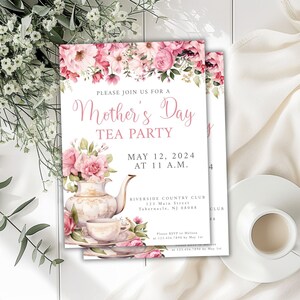 May include: A pink and white floral invitation for a Mother's Day Tea Party. The invitation features a teapot and teacup with floral accents. The text reads "Please join us for a Mother's Day Tea Party, May 12, 2024 at 11 a.m., Riverside Country Club, 123 Main Street, Tabernacle, NJ 08088. Please RSVP to Melissa at 123.456.7890 by May 1st."