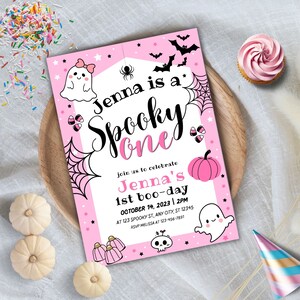 Spooky One Invitation, Spooky One Invite, Editable Spooky One Halloween Ghost 1st Birthday Party, Cute Pink Ghost 1st Birthday Invitation