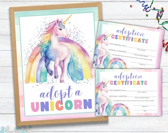 Adopt a Unicorn Certificate, Adopt A Unicorn Party, Adopt A Unicorn Sign, Certificate of Adoption for Unicorn, Unicorn 3rd Birthday Favors
