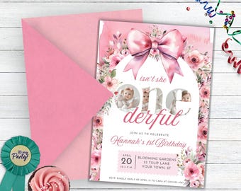 May include: Pink and white first birthday party invitation with a pink bow and floral border. The invitation says "Isn't she one derful" and includes the text "Join us to celebrate Hannah's 1st Birthday".
