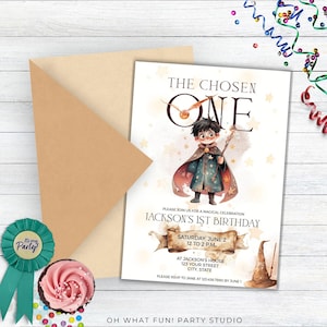 May include: A Harry Potter themed first birthday party invitation with a watercolor illustration of a young boy dressed as a wizard. The invitation says "The Chosen One" and "Jackson's 1st Birthday".