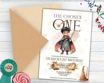 May include: A Harry Potter themed first birthday party invitation with a watercolor illustration of a young boy dressed as a wizard. The invitation says "The Chosen One" and "Jackson's 1st Birthday".
