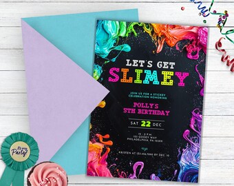 May include: A colorful invitation for a slime-themed birthday party. The invitation features a black background with colorful paint splatters and the text "Let's Get Slimey" in neon colors. The invitation is for Polly's 5th birthday party on December 22nd.