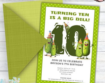 Dill Pickle Geburtstagseinladungen, Pickle Thema Geburtstagseinladungen, Pickle Geburtstagseinladung, Big Dill 10.Geburtstags-Einladung