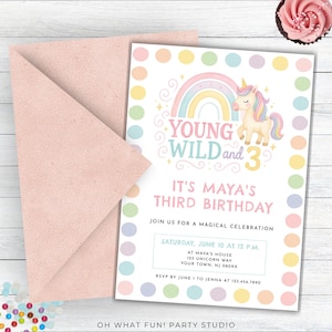 Young Wild and Three Unicorn Invitation, Unicorn Birthday Invitation Three, Unicorn Third Birthday Invite,3 Year Old Birthday Invite Rainbow