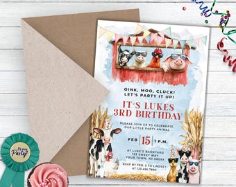 Invitación de cumpleaños de granja con temática de granja para llamar a todos los animales de fiesta, invitación de primer cumpleaños con temática de granja, invitación de cumpleaños de corral, invitación de granja con temática de granja para llamar a todos los animales de fiesta