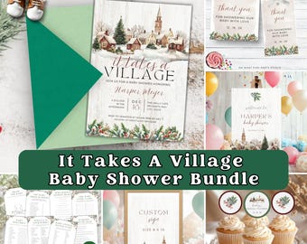 May include: A baby shower bundle with a village theme. Includes invitations, thank you tags, games, a welcome sign, and cupcake toppers. The invitation features a winter village scene with text that reads "It Takes A Village".
